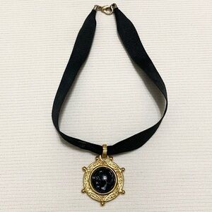 Express Black & Gold Cabochon Ribbon Choker Necklace Y2K Victorian Revival Goth